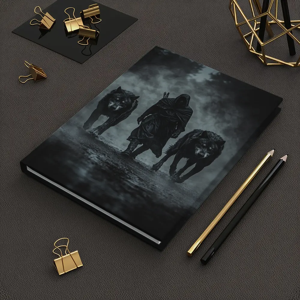 Hooded Figure Walking With Two Wolves – Notebooks