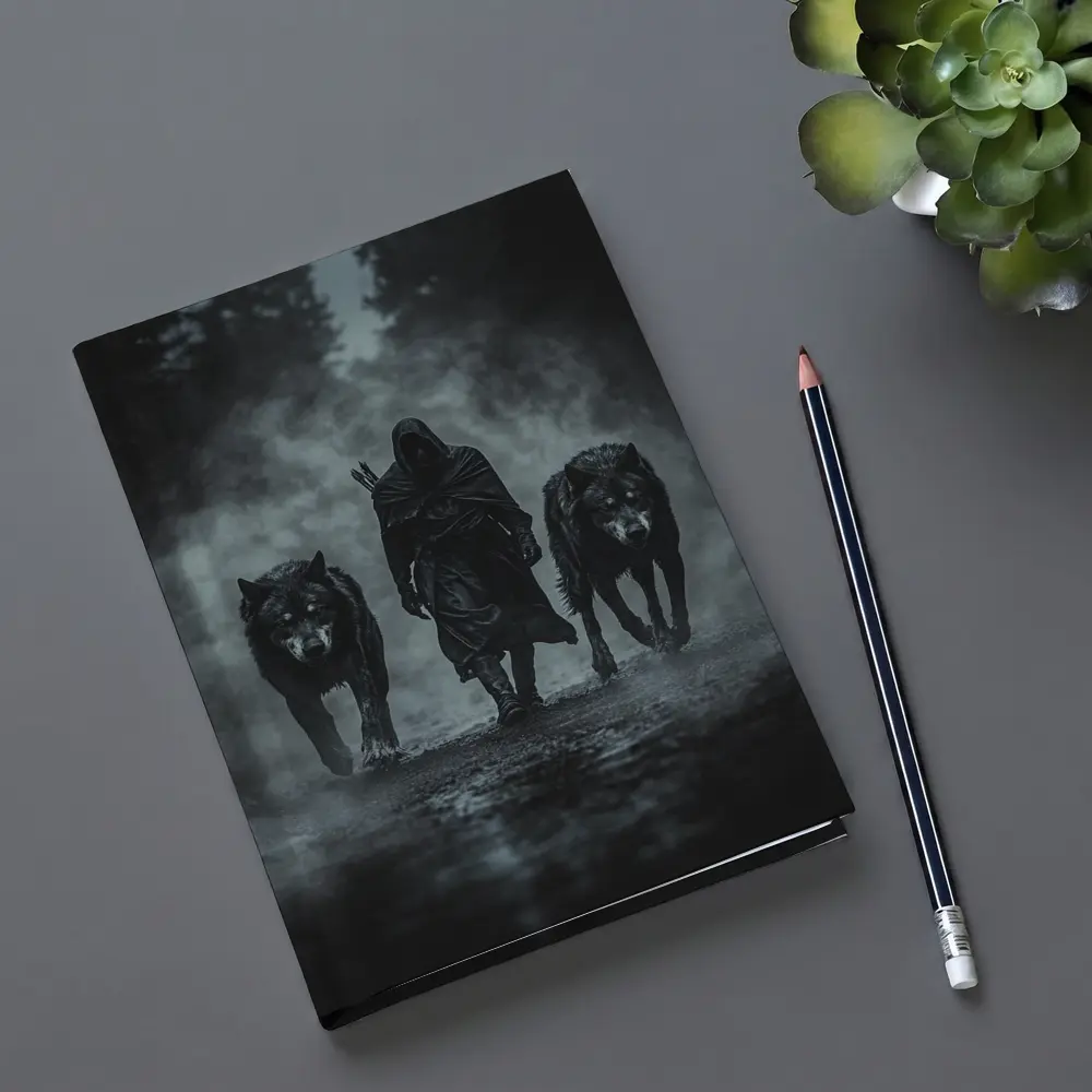 Hooded Figure Walking With Two Wolves – Notebooks