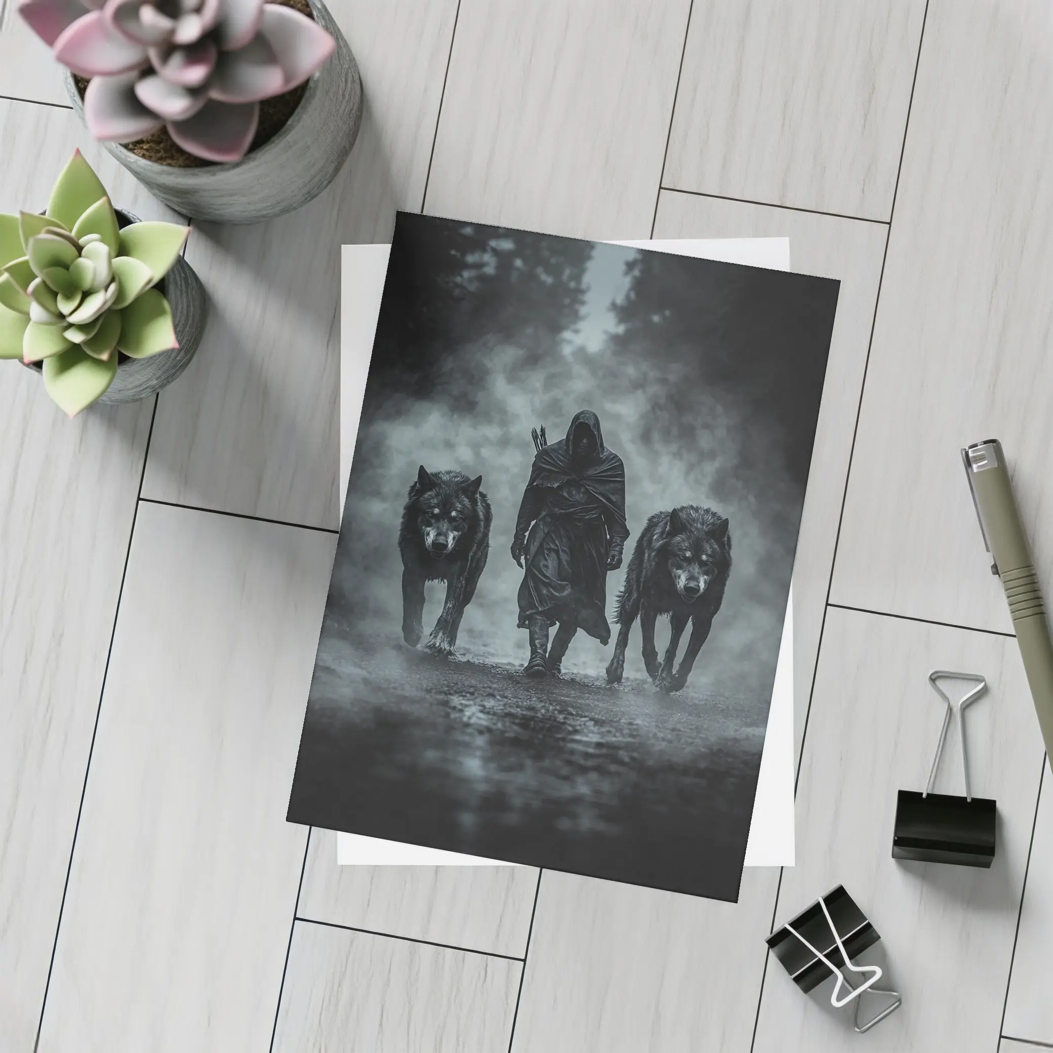 Hooded Figure Walking With Two Wolves – Postcards