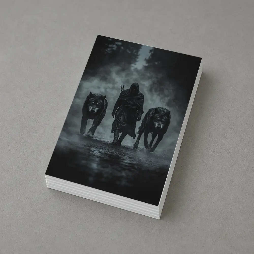 Hooded Figure Walking With Two Wolves – Postcards