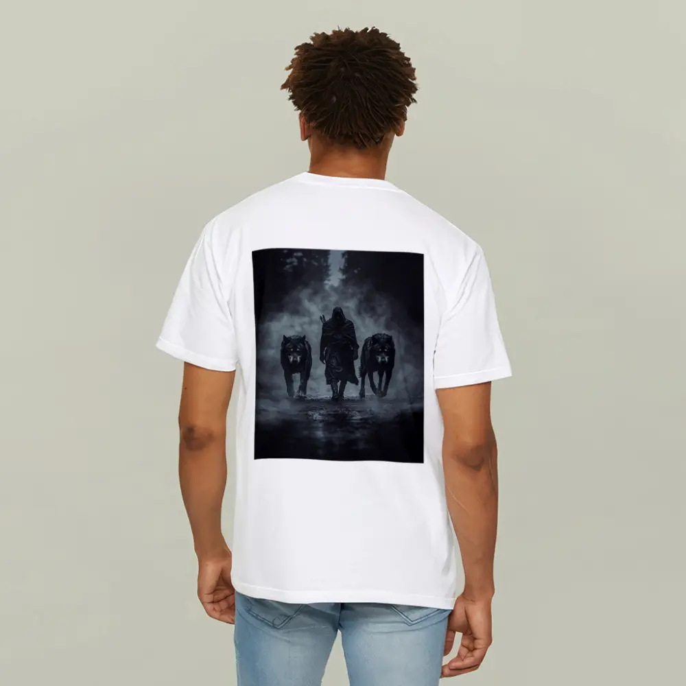 Hooded Figure Walking With Two Wolves – T-Shirts