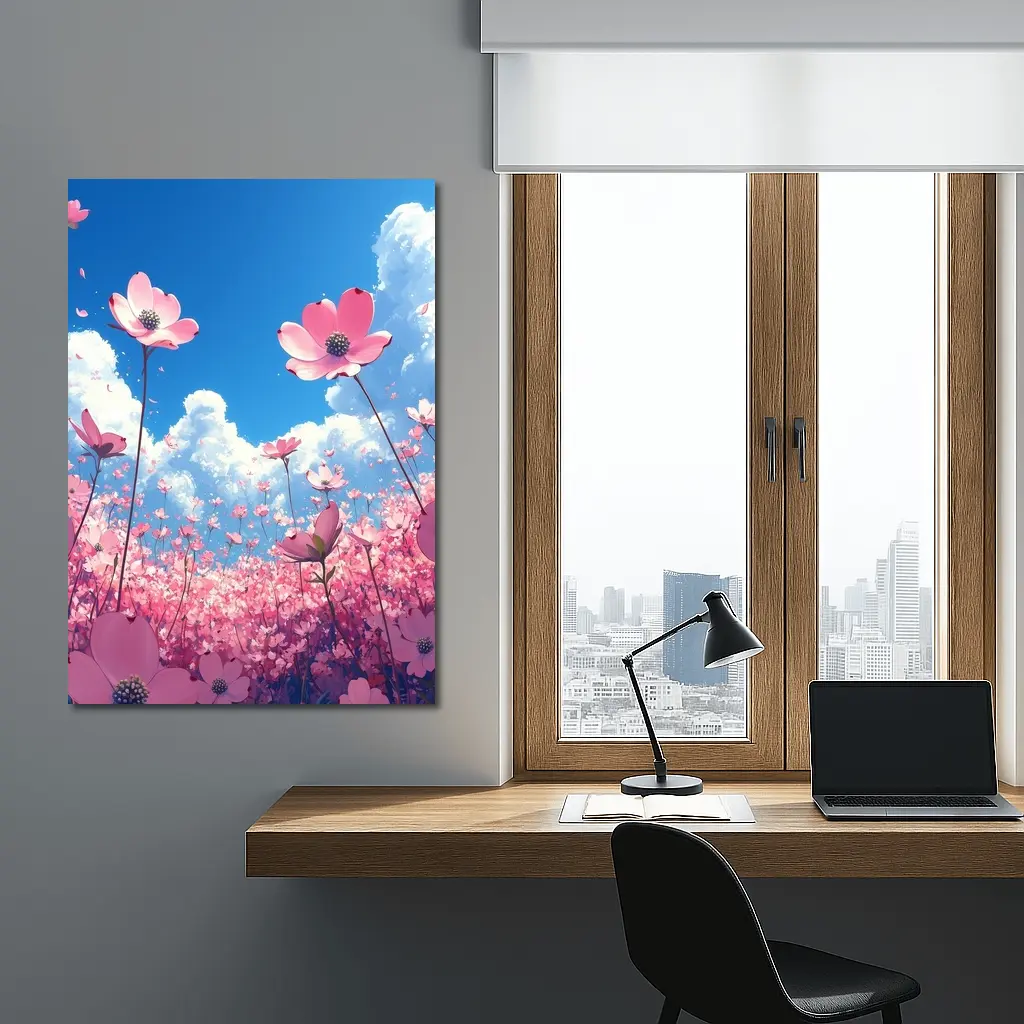 Pink Cosmos Flowers Blue Sky Anime – Wall Art