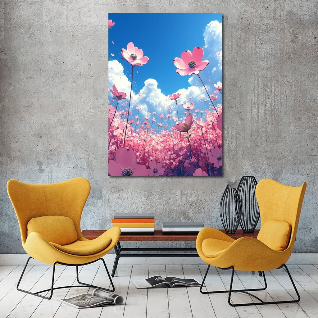 Pink Cosmos Flowers Blue Sky Anime – Wall Art