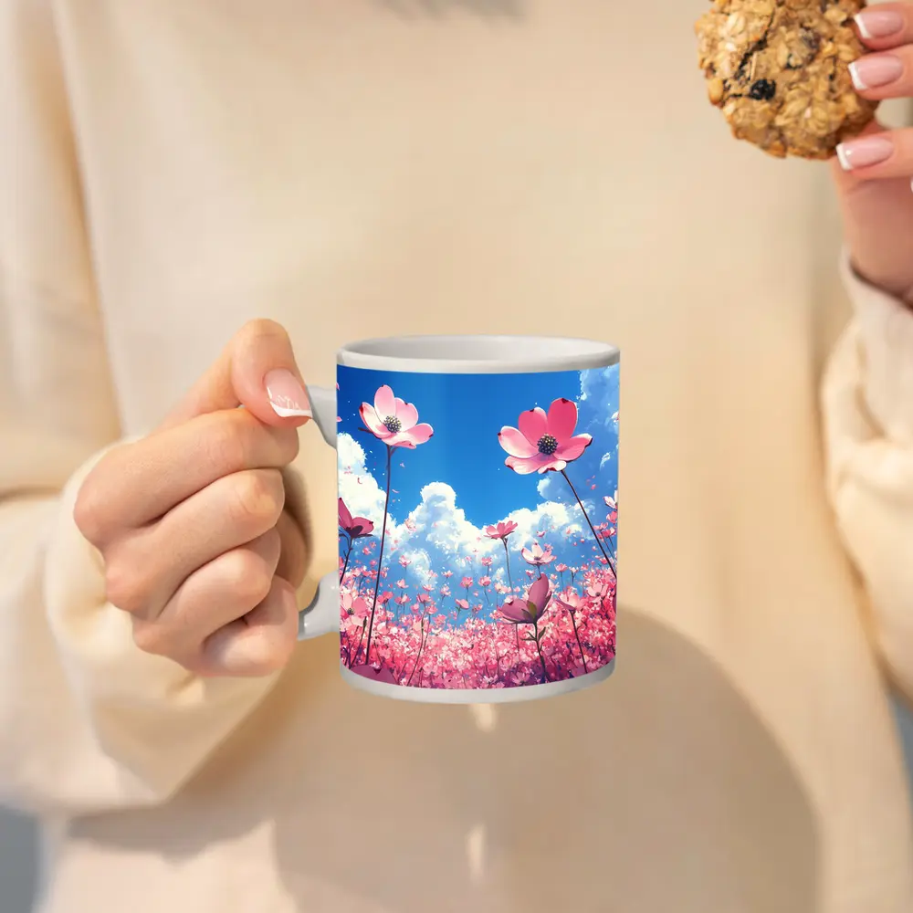 Pink Cosmos Flowers Blue Sky Anime – Mugs