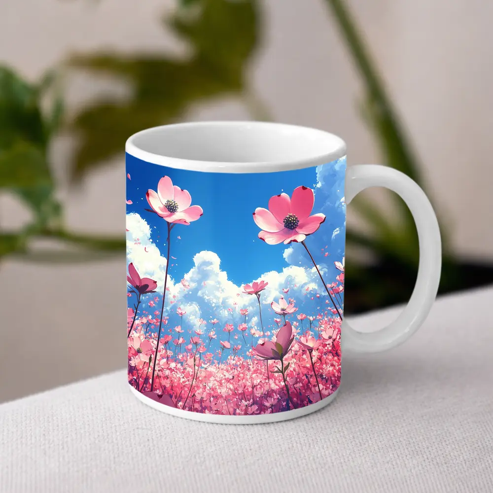 Pink Cosmos Flowers Blue Sky Anime – Mugs
