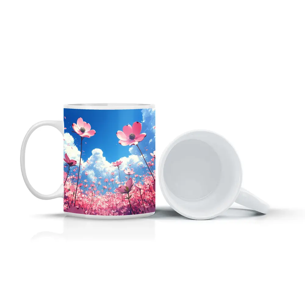Pink Cosmos Flowers Blue Sky Anime – Mugs