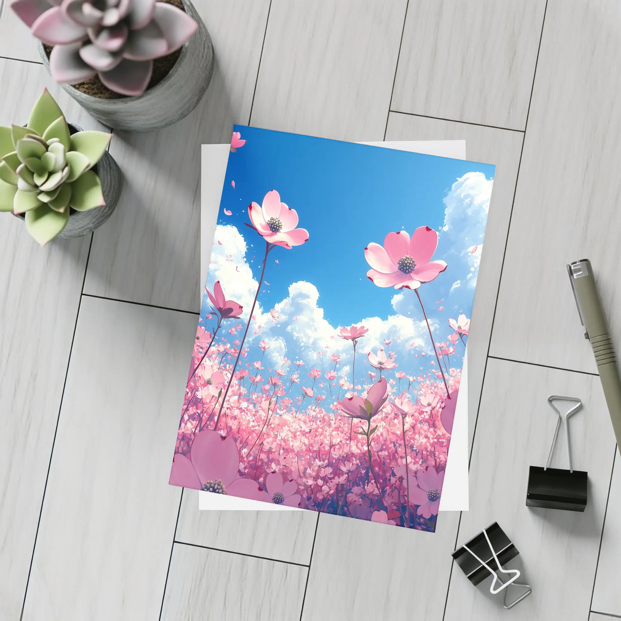 Pink Cosmos Flowers Blue Sky Anime – Postcards