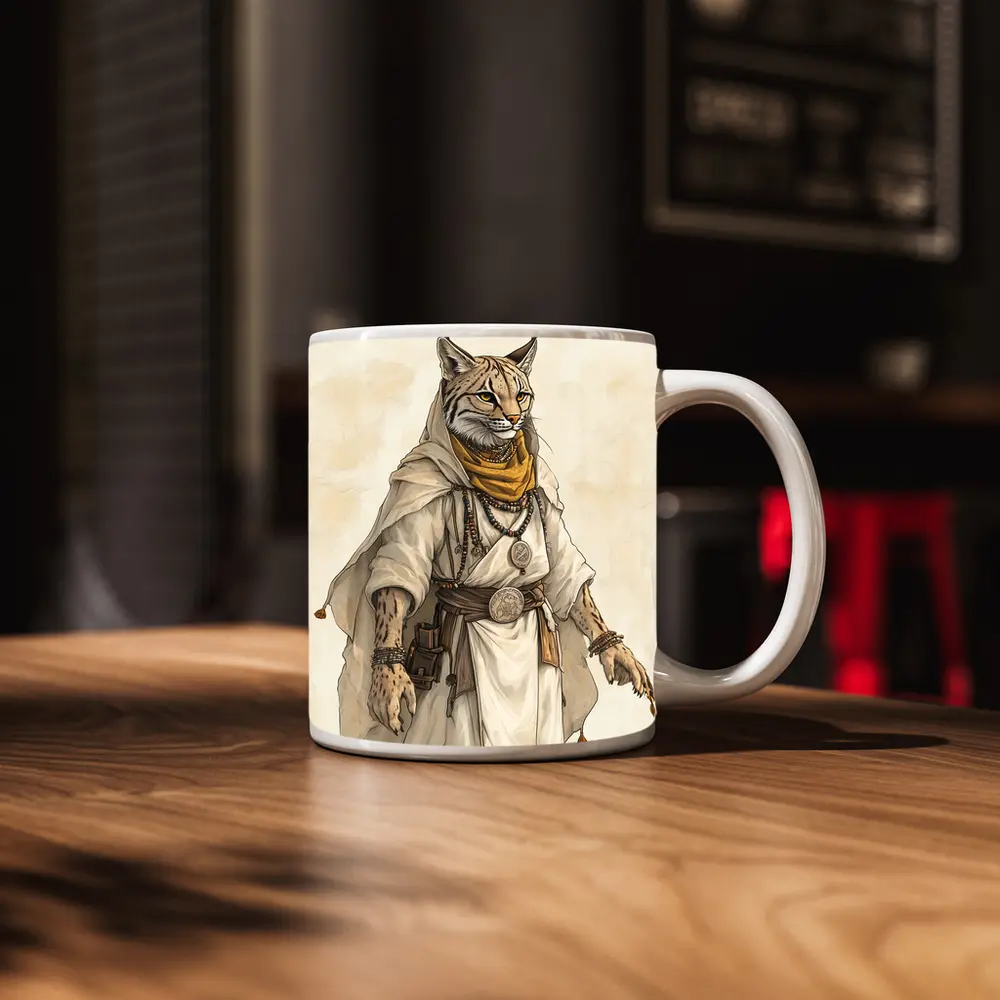Lynx Warrior Fantasy Art Beige Background – Mugs