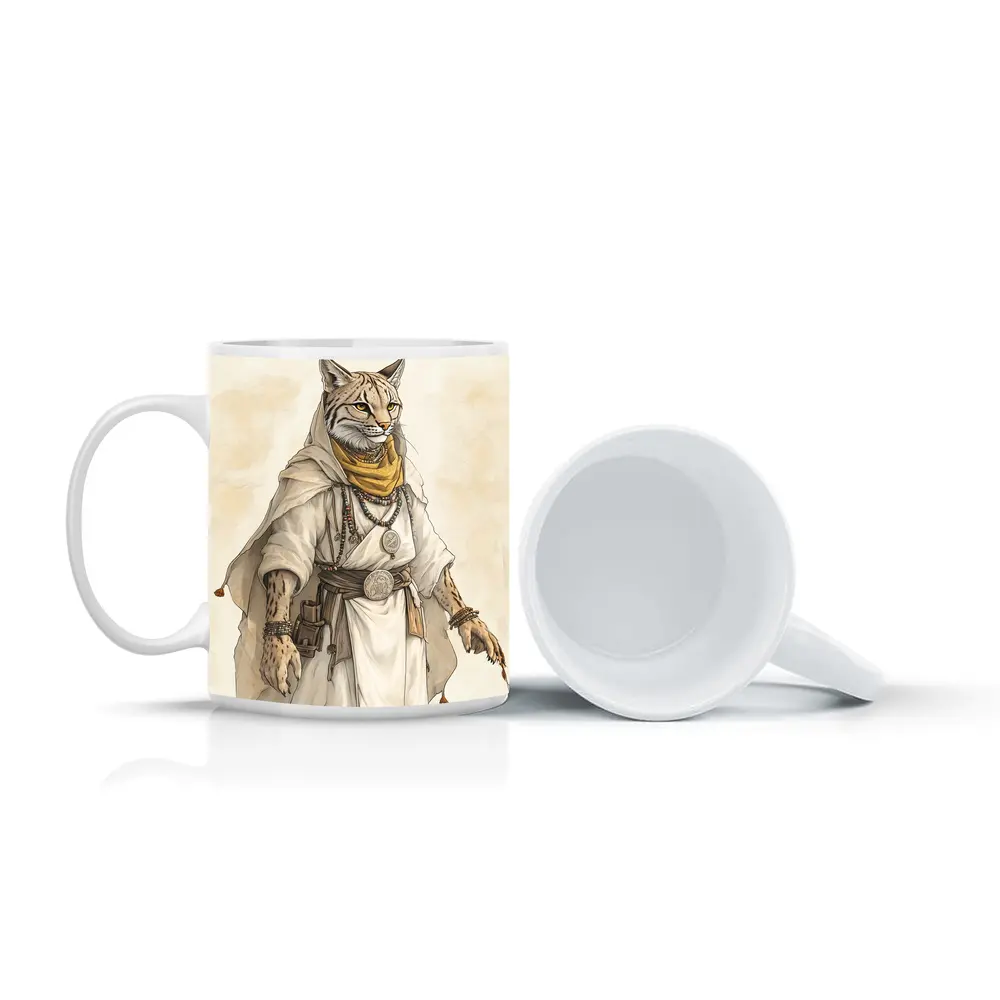 Lynx Warrior Fantasy Art Beige Background – Mugs