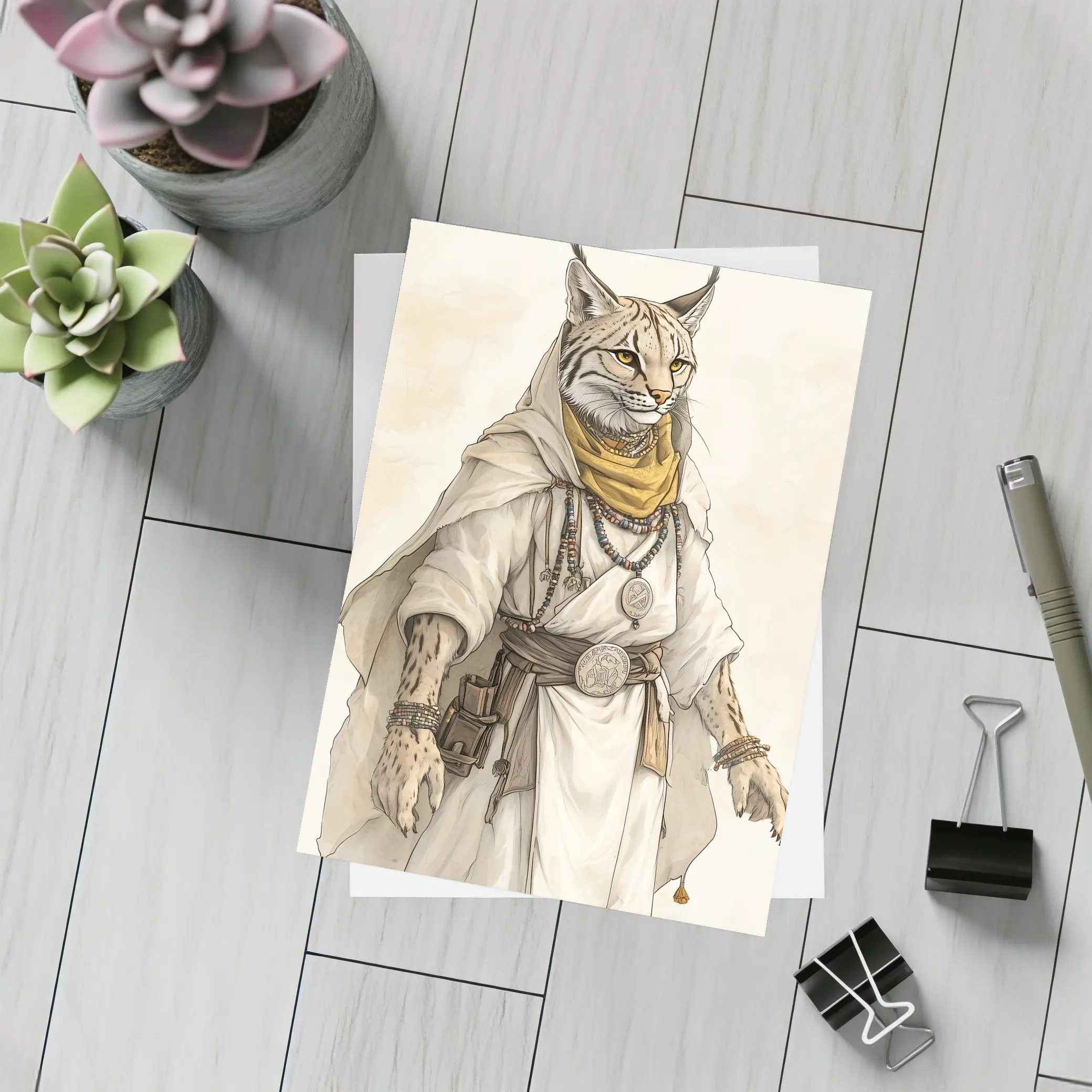 Lynx Warrior Fantasy Art Beige Background – Postcards