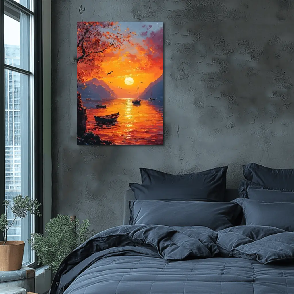Oil Painting Sunset Lake Boats Mountains – Wall Art