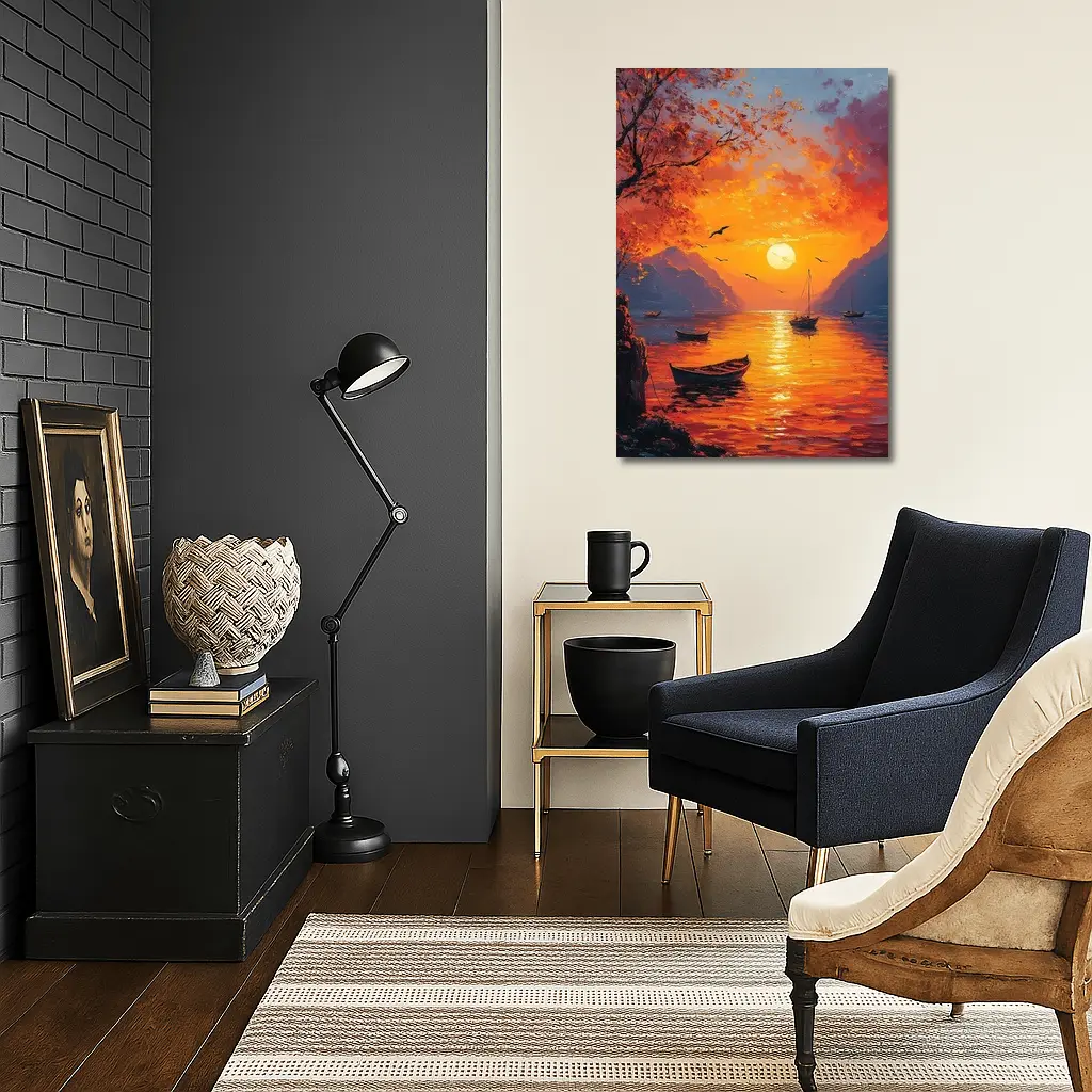 Oil Painting Sunset Lake Boats Mountains – Wall Art