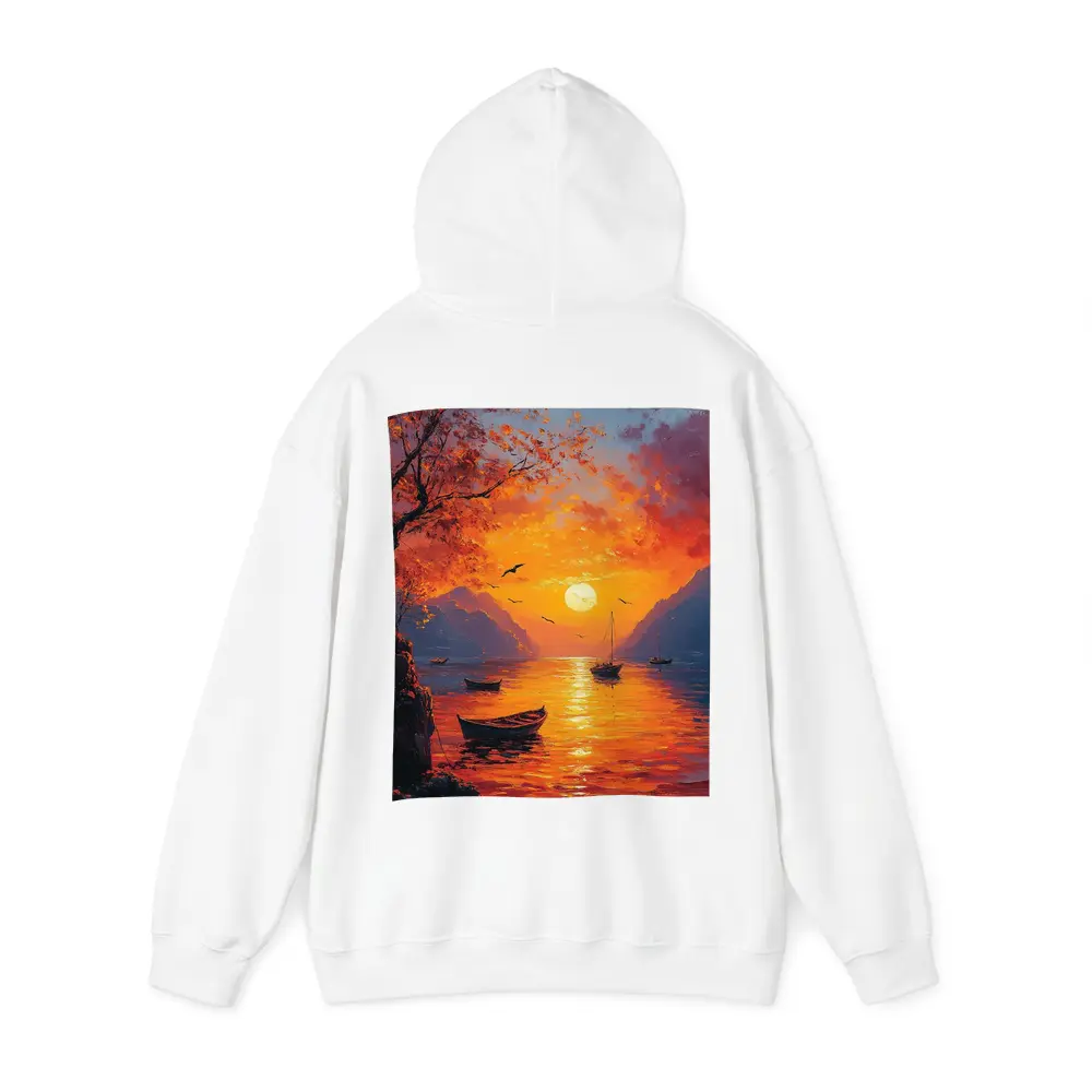 Oil Painting Sunset Lake Boats Mountains – Hoodies