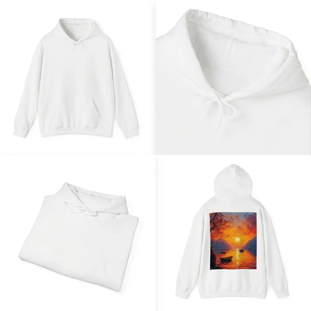Oil Painting Sunset Lake Boats Mountains – Hoodies