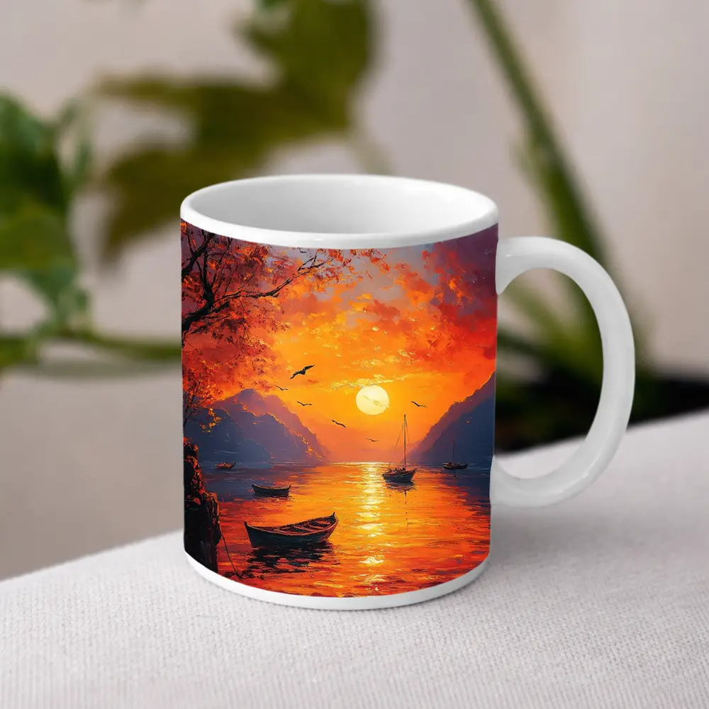 Oil Painting Sunset Lake Boats Mountains – Mugs