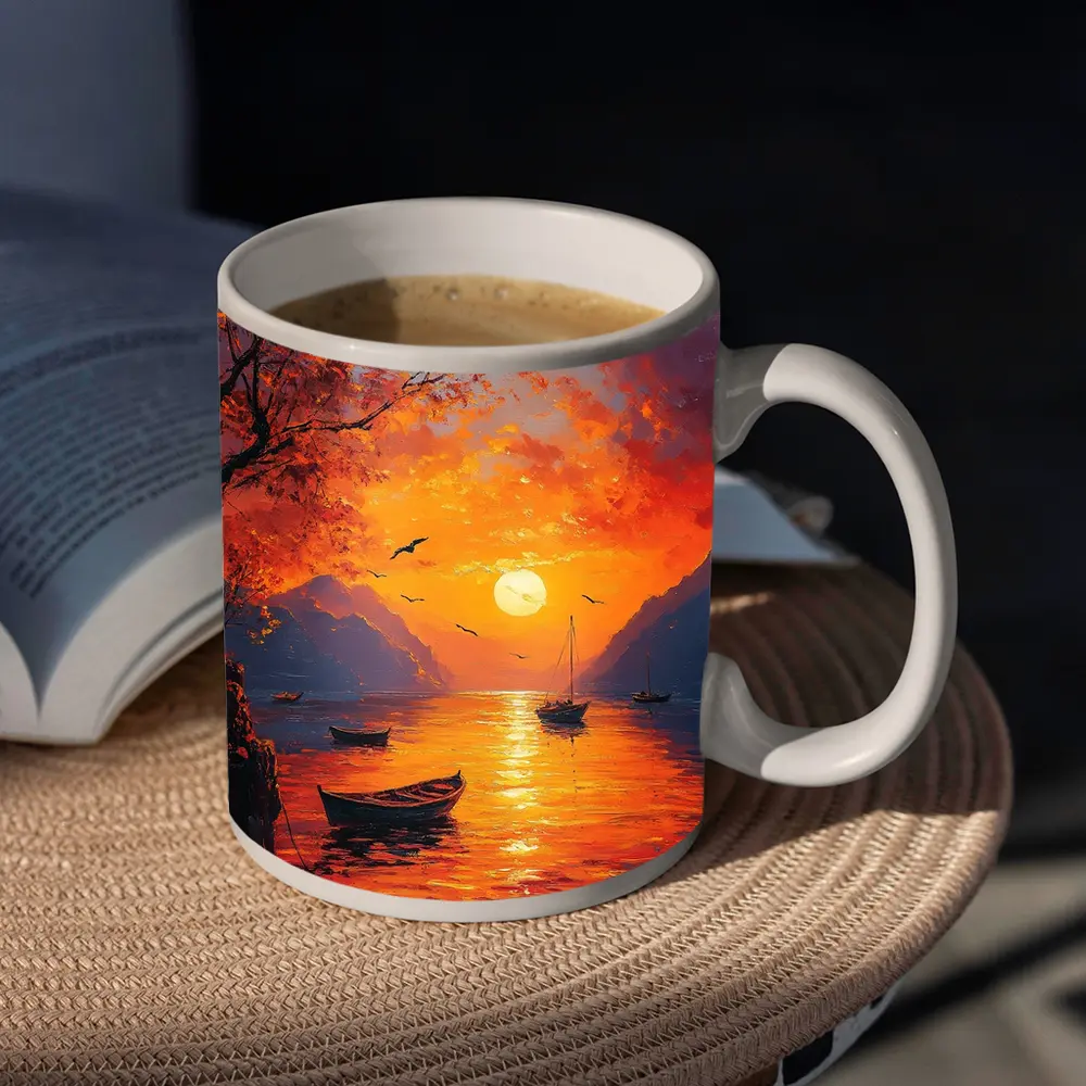 Oil Painting Sunset Lake Boats Mountains – Mugs