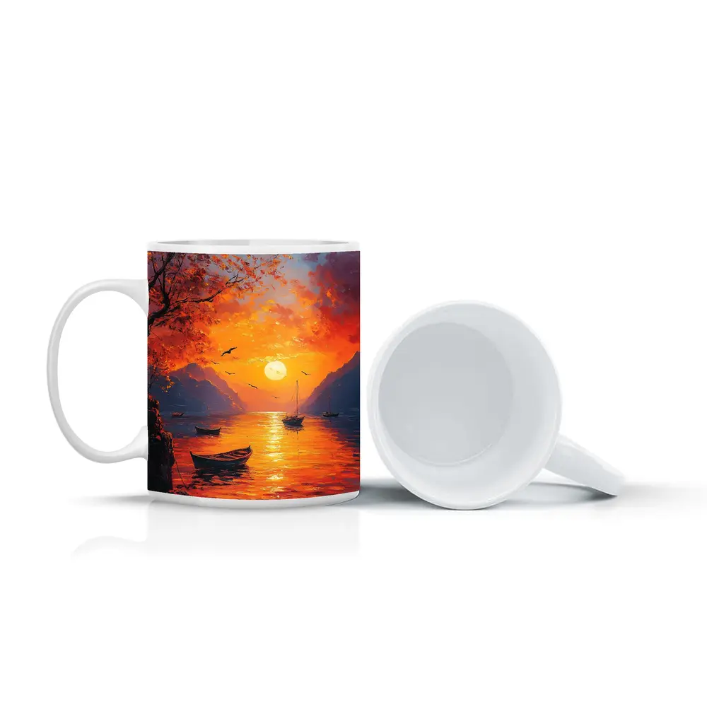 Oil Painting Sunset Lake Boats Mountains – Mugs