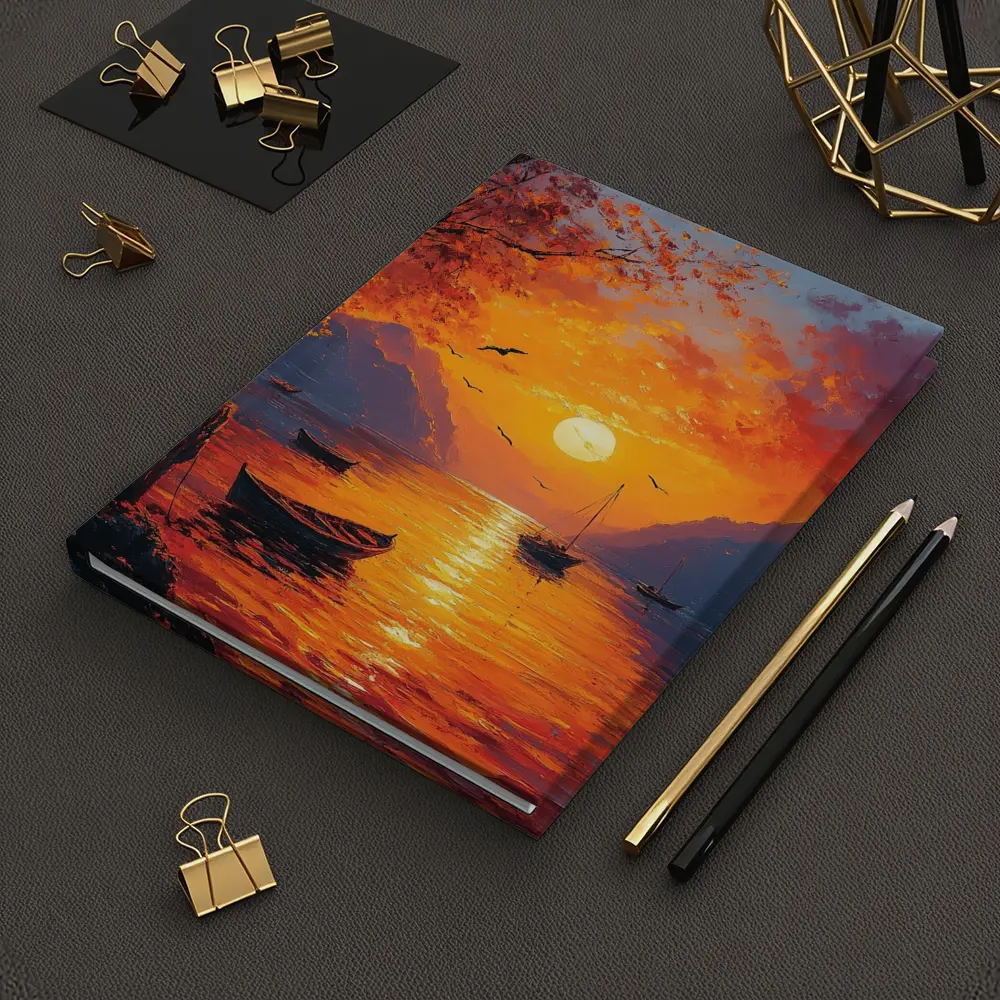 Oil Painting Sunset Lake Boats Mountains – Notebooks
