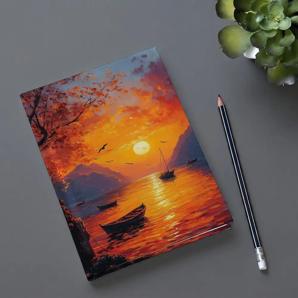 Oil Painting Sunset Lake Boats Mountains – Notebooks