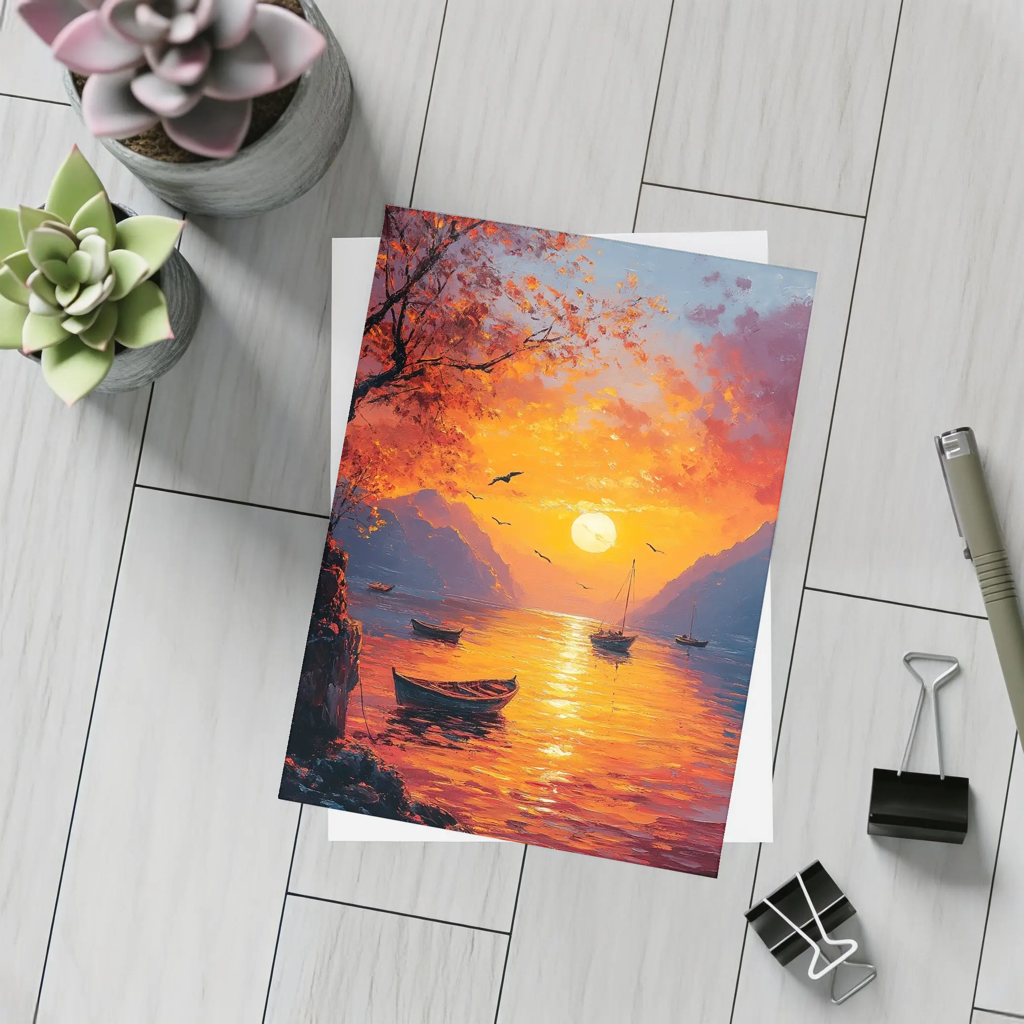 Oil Painting Sunset Lake Boats Mountains – Postcards