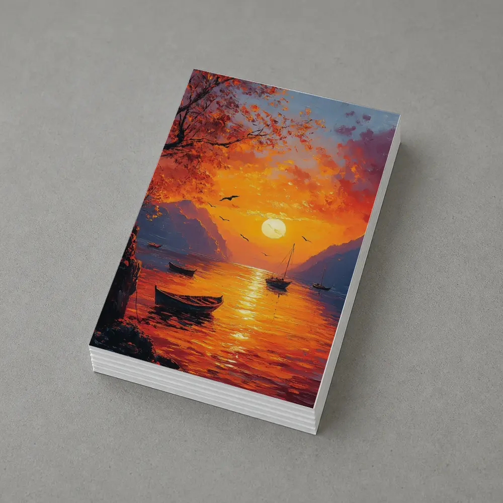 Oil Painting Sunset Lake Boats Mountains – Postcards