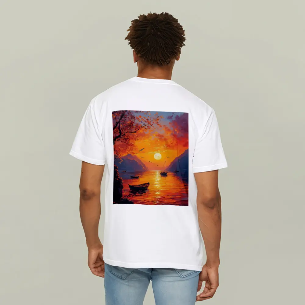 Oil Painting Sunset Lake Boats Mountains – T-Shirts