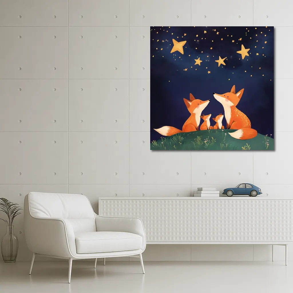 Fox Family Gazing at Starry Night Sky – Wall Art