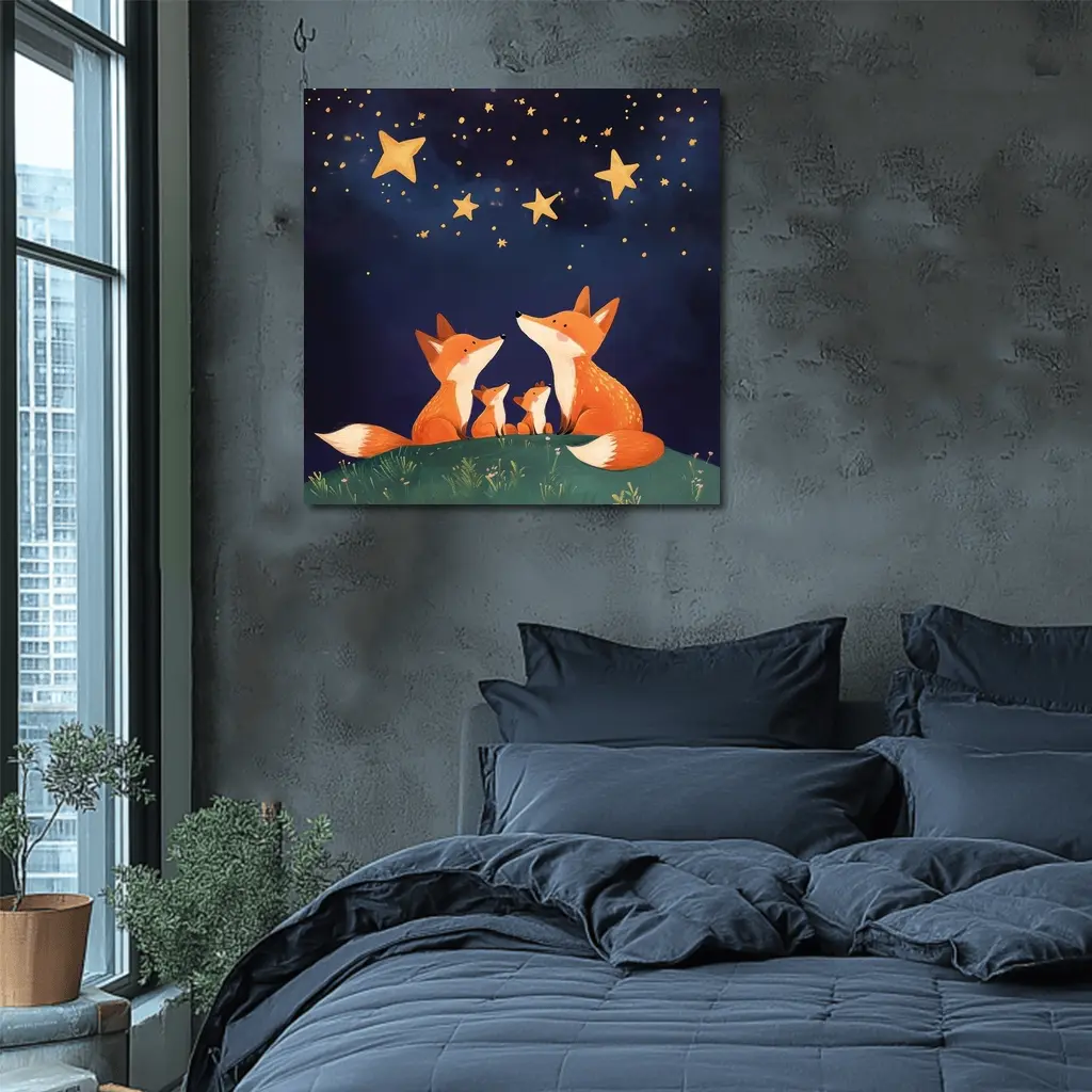 Fox Family Gazing at Starry Night Sky – Wall Art