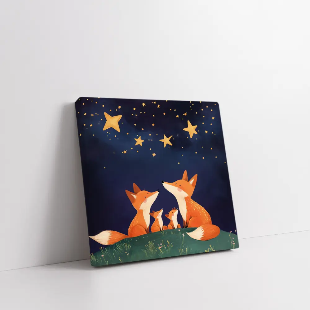 Fox Family Gazing at Starry Night Sky – Wall Art