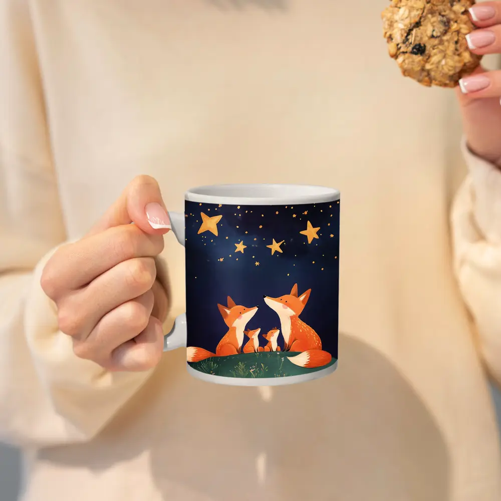 Fox Family Gazing at Starry Night Sky – Mugs