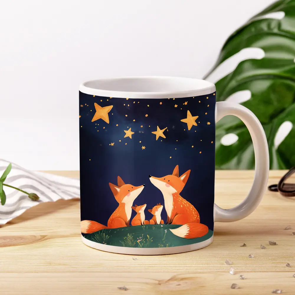 Fox Family Gazing at Starry Night Sky – Mugs