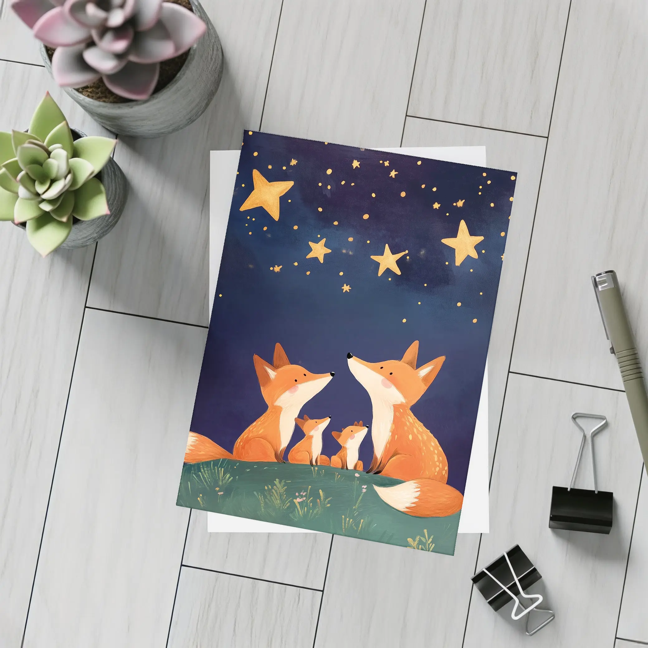 Fox Family Gazing at Starry Night Sky – Postcards