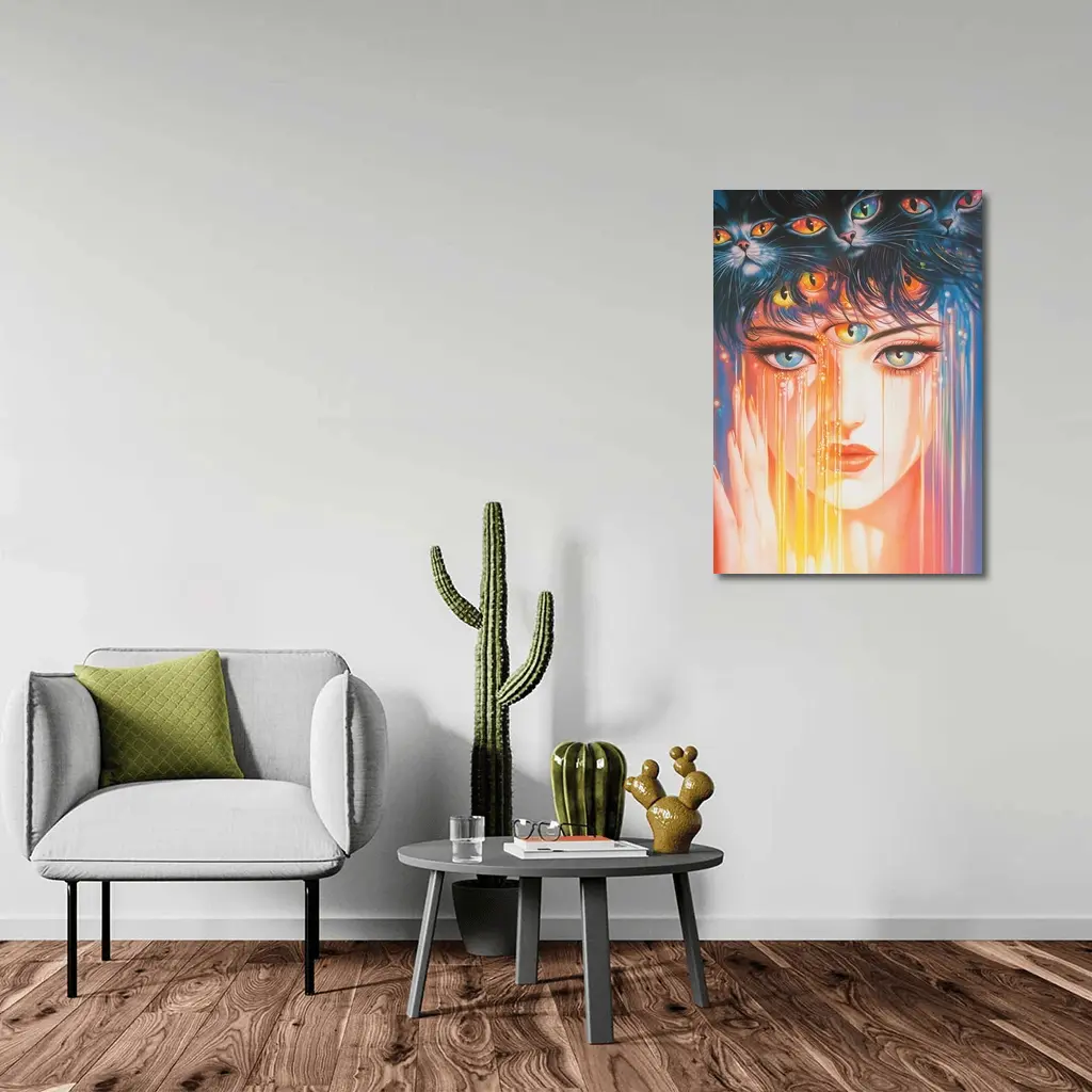 Woman Face Black Cats Colorful Dripping Art – Wall Art