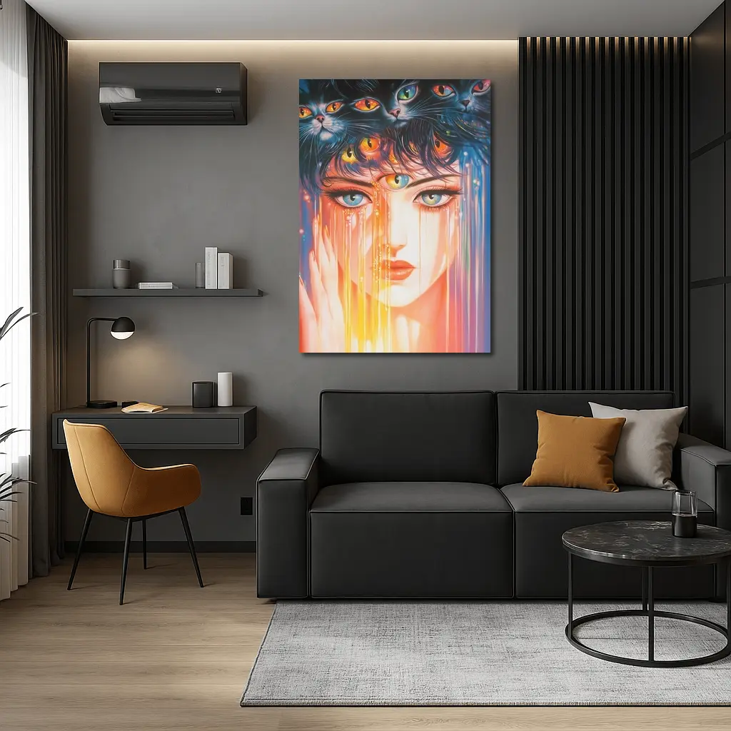 Woman Face Black Cats Colorful Dripping Art – Wall Art