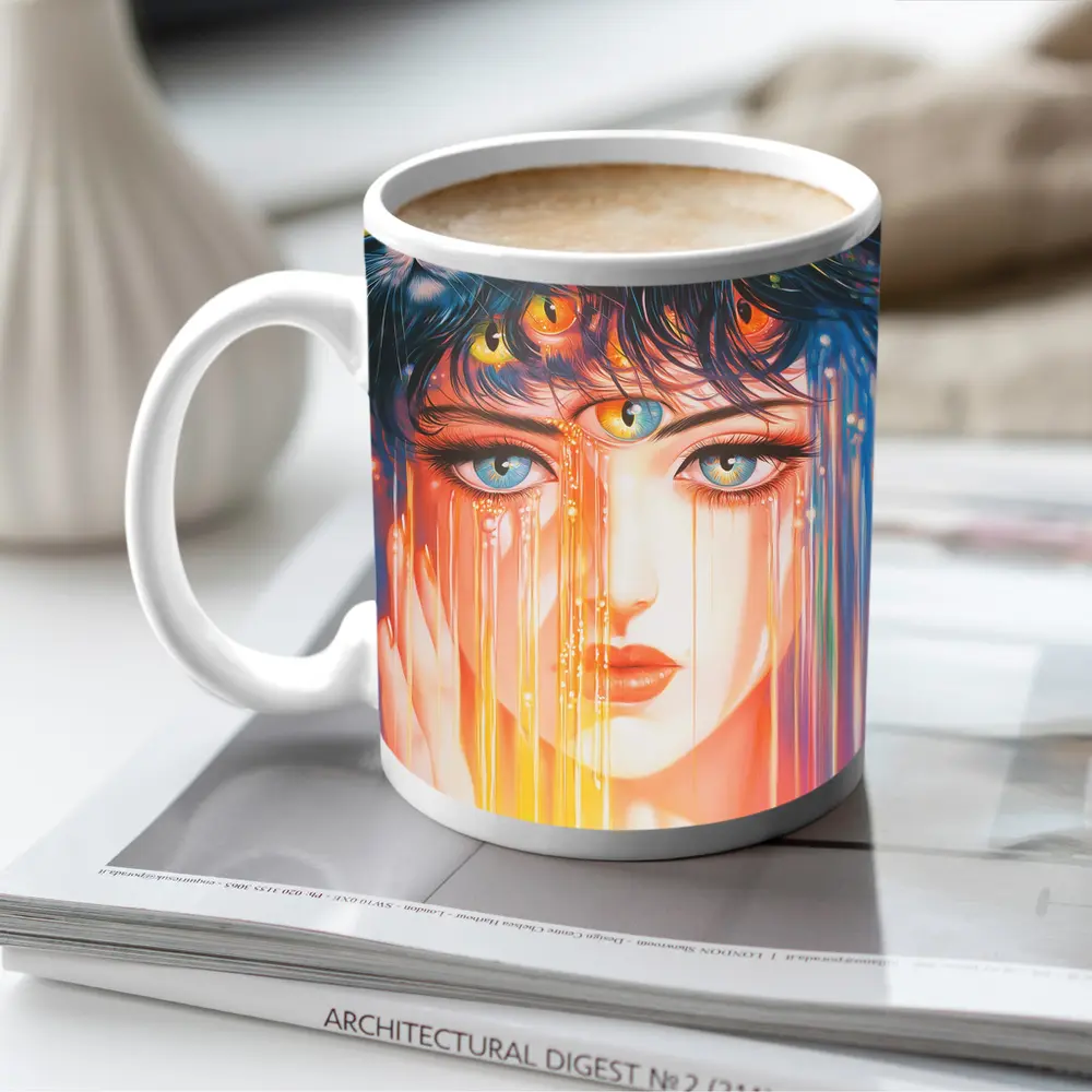Woman Face Black Cats Colorful Dripping Art – Mugs