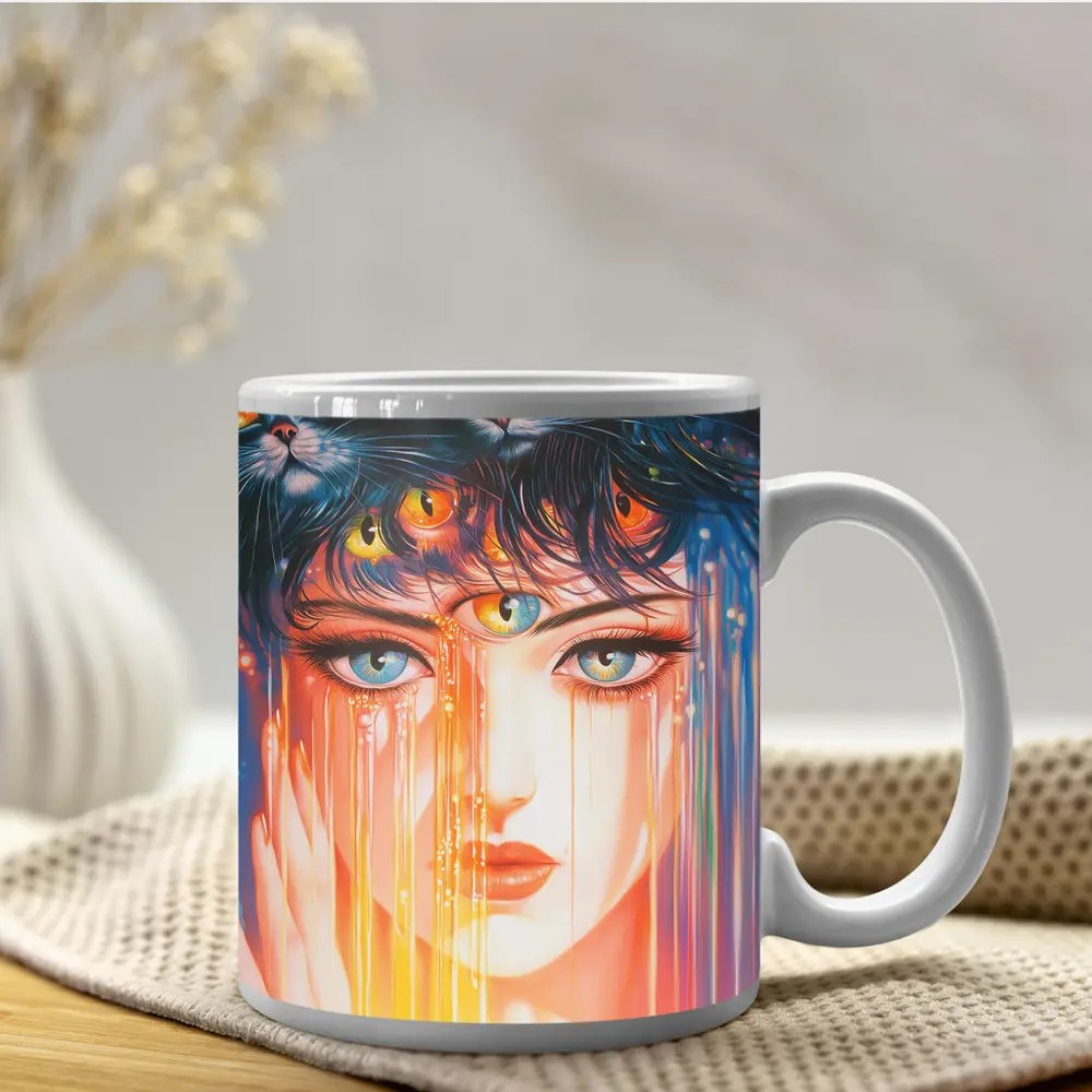 Woman Face Black Cats Colorful Dripping Art – Mugs