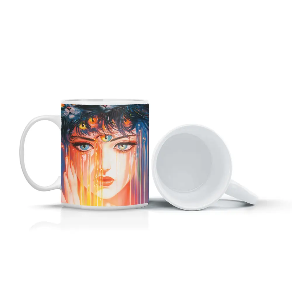 Woman Face Black Cats Colorful Dripping Art – Mugs