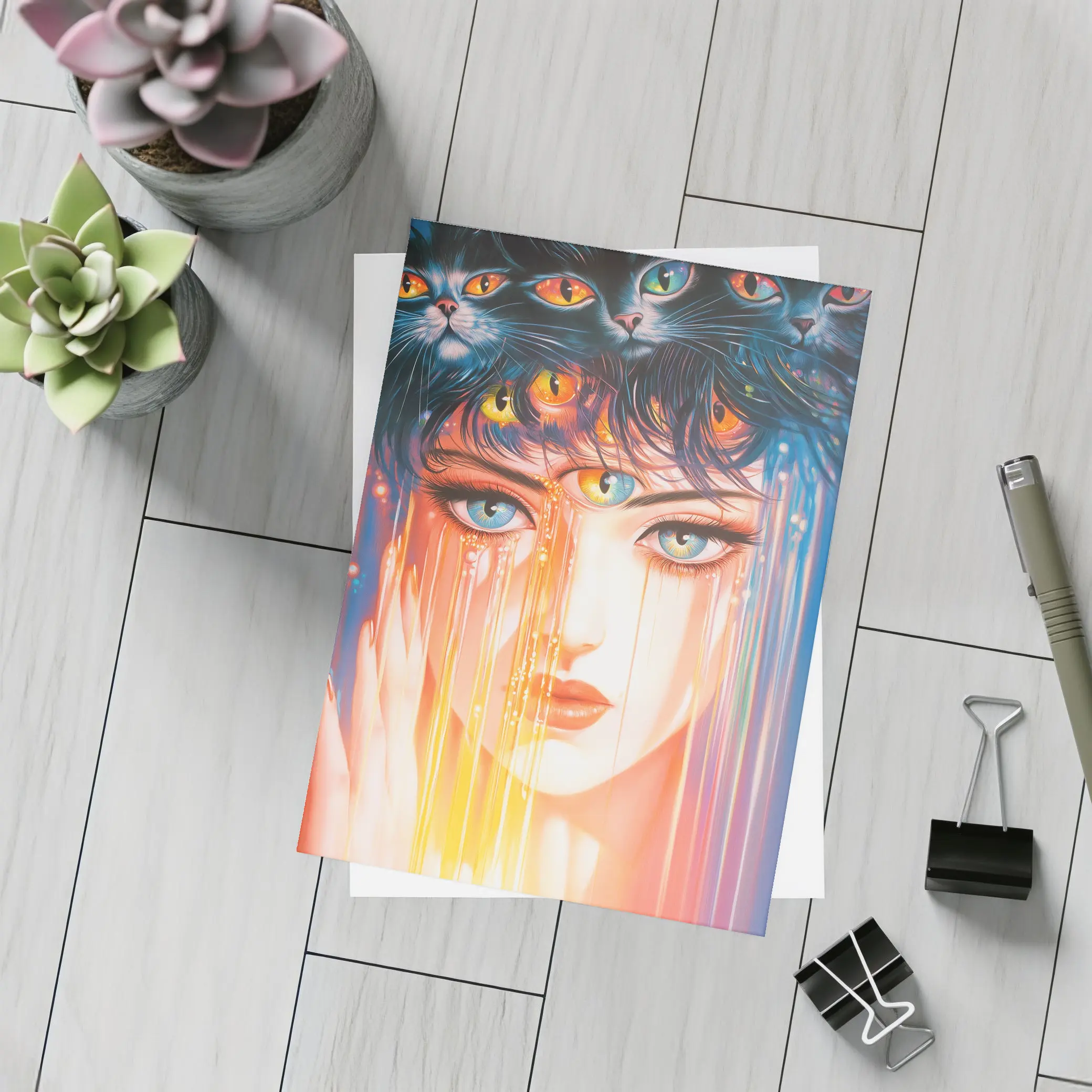 Woman Face Black Cats Colorful Dripping Art – Postcards
