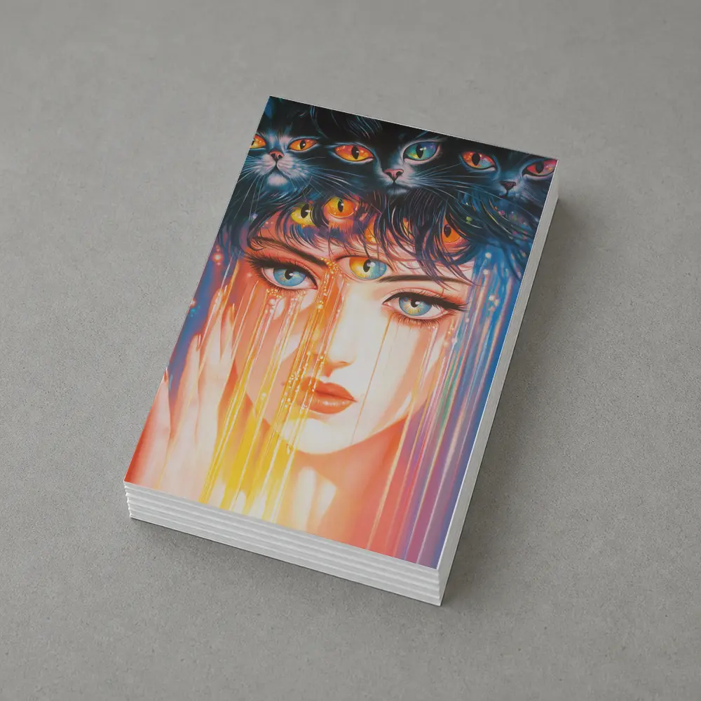 Woman Face Black Cats Colorful Dripping Art – Postcards