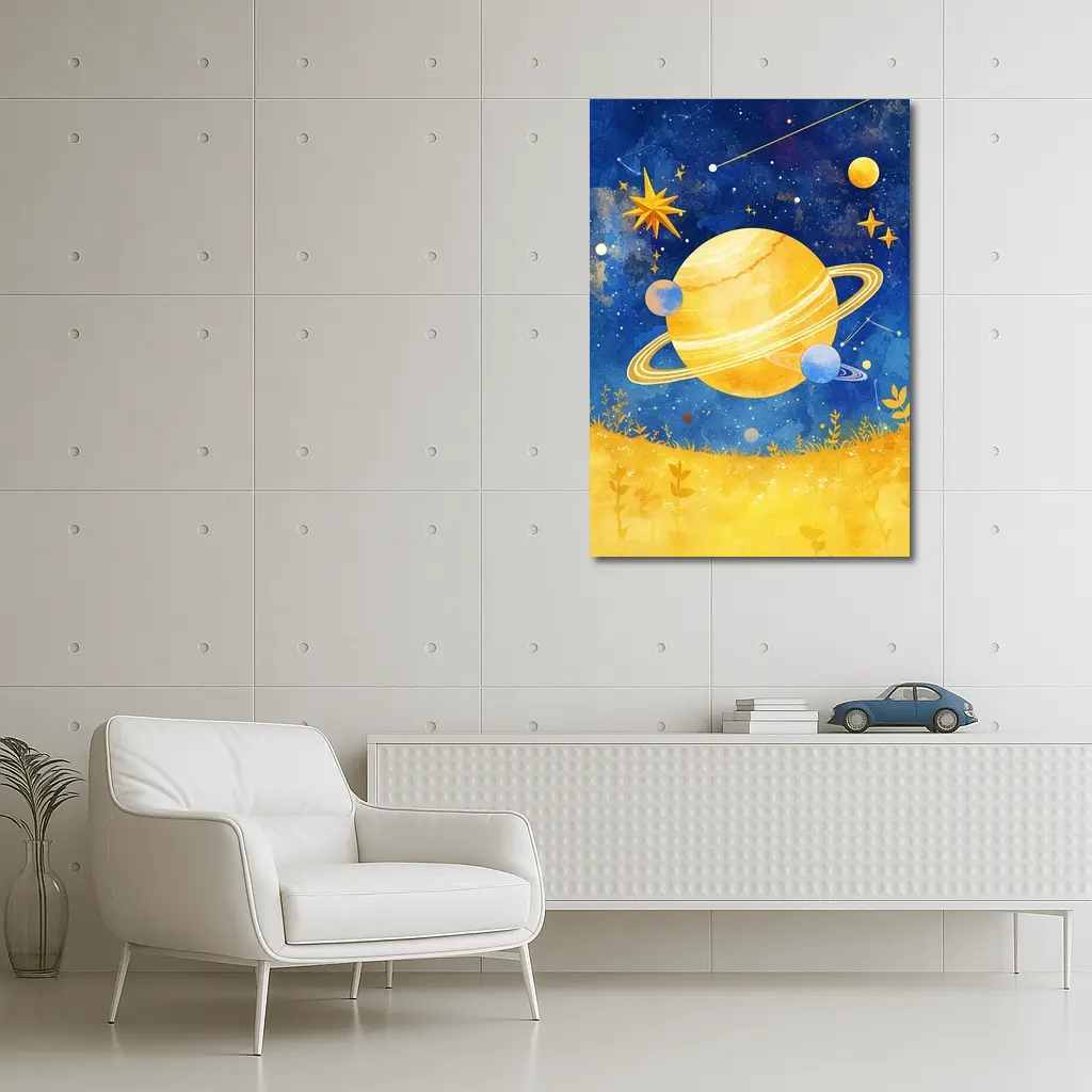 Watercolor Saturn Planet Blue Starry Sky – Wall Art