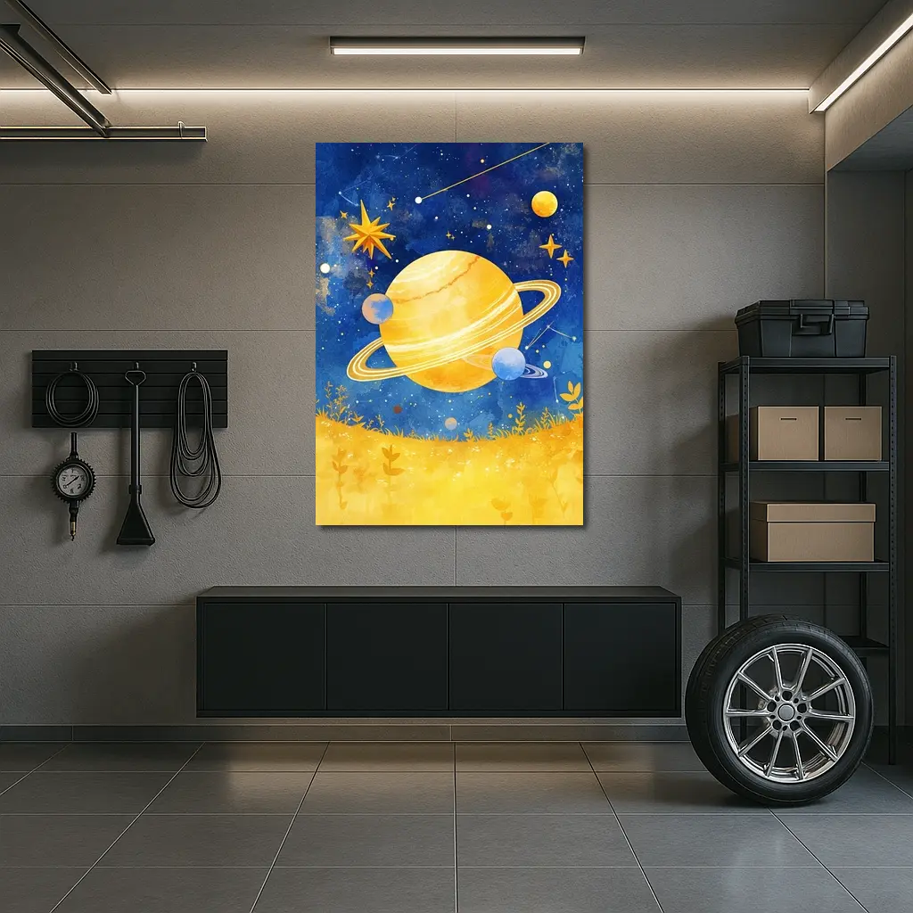 Watercolor Saturn Planet Blue Starry Sky – Wall Art