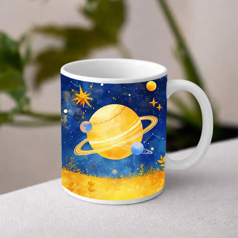 Watercolor Saturn Planet Blue Starry Sky – Mugs