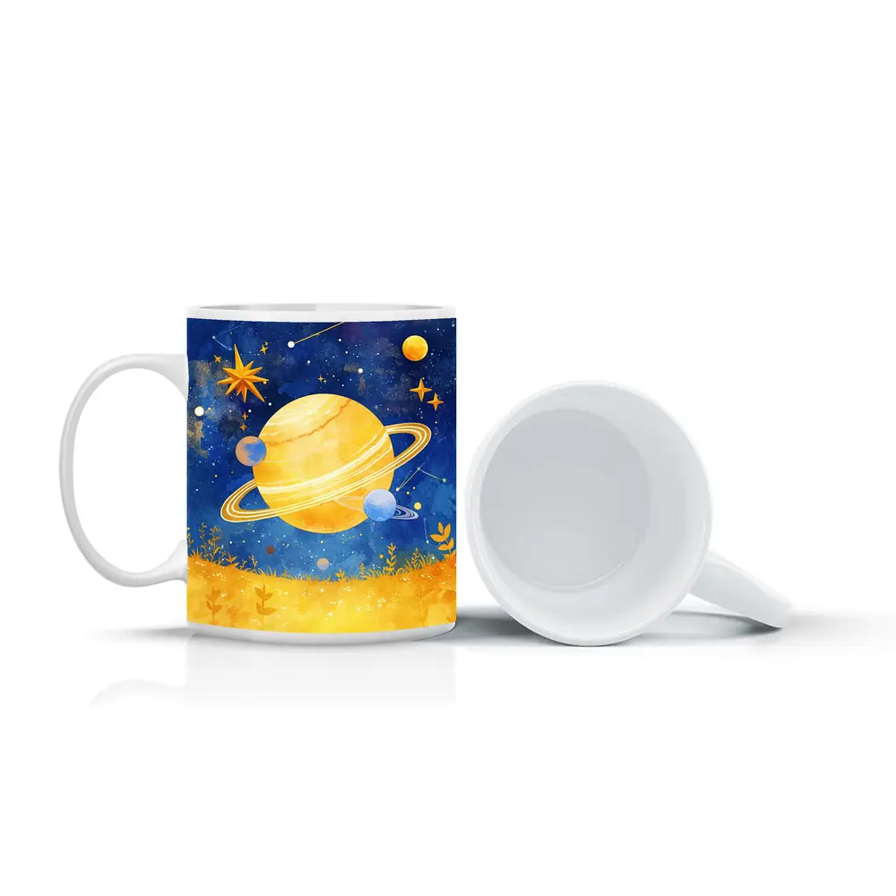Watercolor Saturn Planet Blue Starry Sky – Mugs