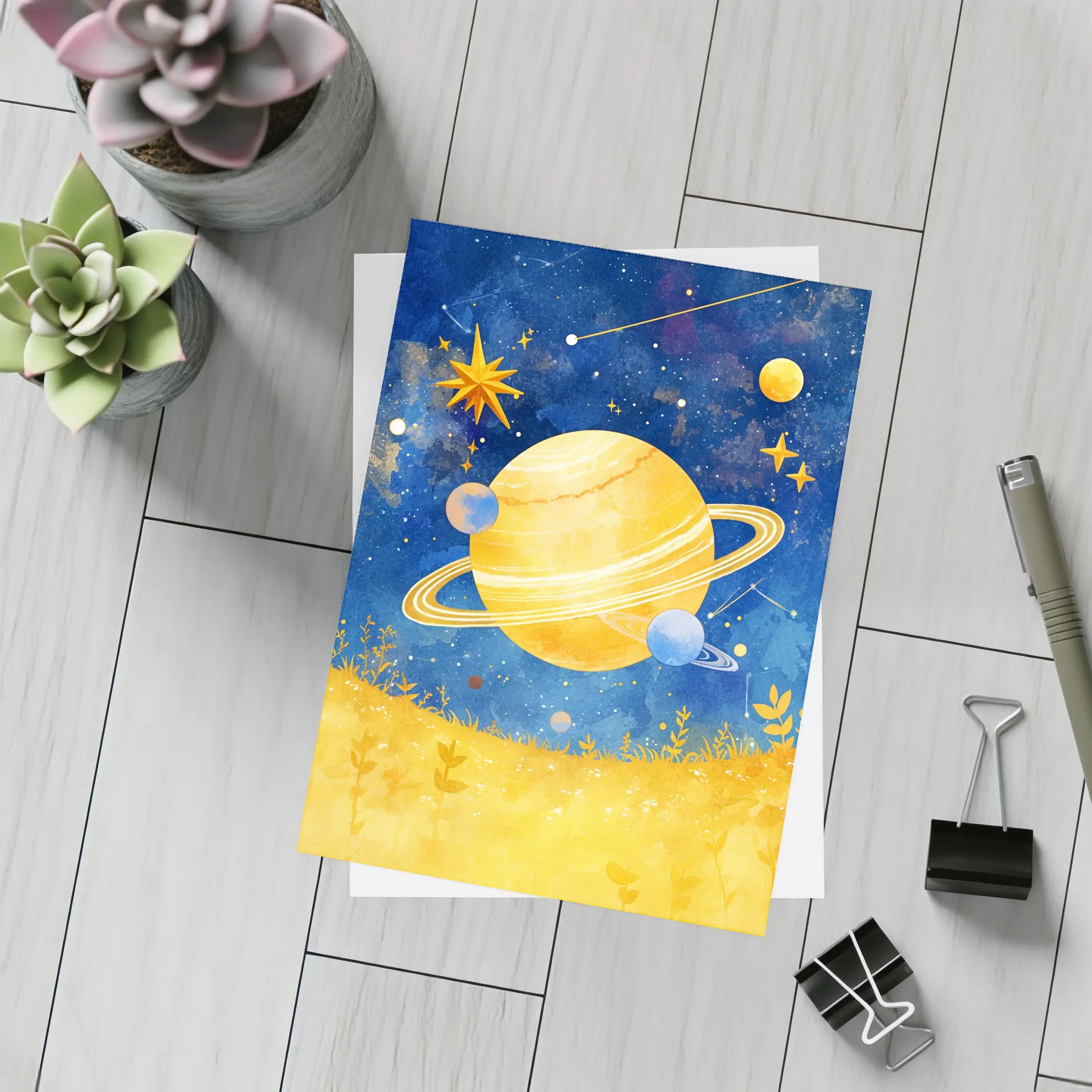 Watercolor Saturn Planet Blue Starry Sky – Postcards