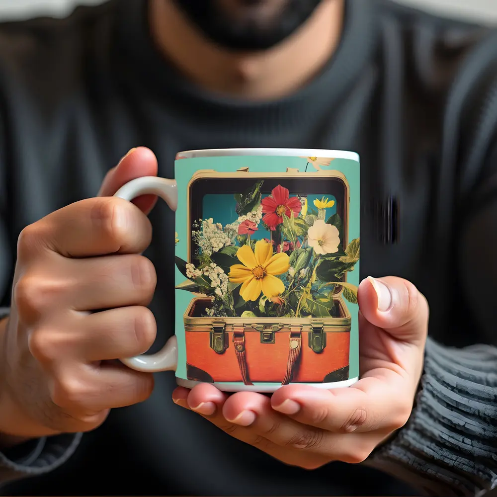 Vintage Suitcase Overflowing With Mixed Flowers – Mugs