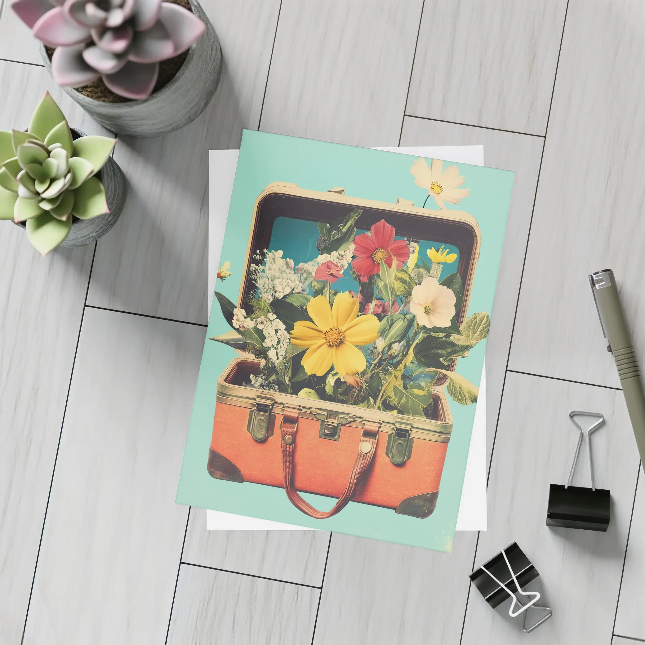 Vintage Suitcase Overflowing With Mixed Flowers – Postcards