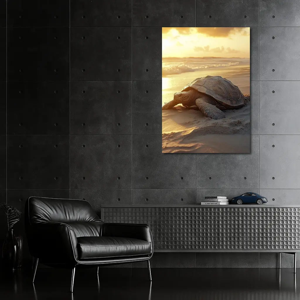 Sea Turtle Crawling on Sandy Beach Sunset – Wall Art