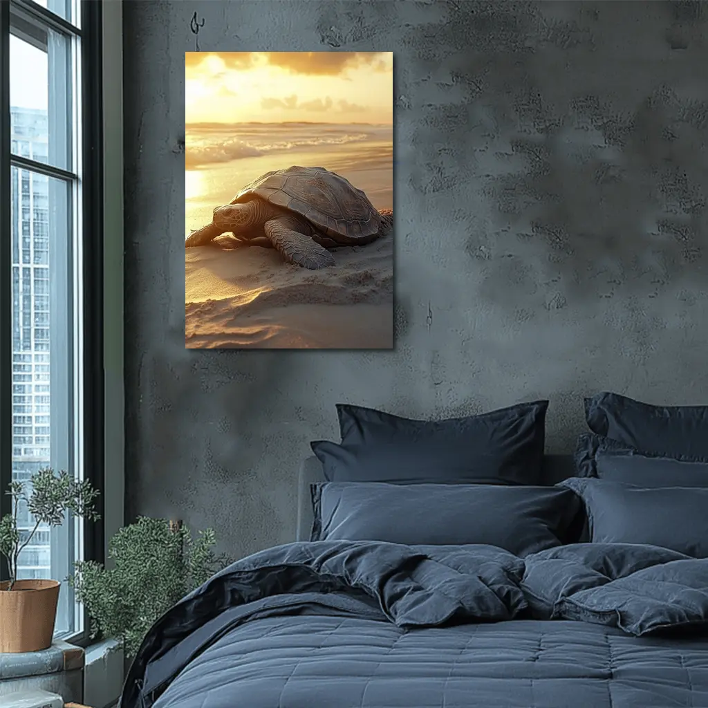 Sea Turtle Crawling on Sandy Beach Sunset – Wall Art