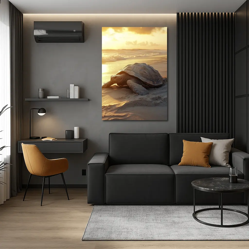 Sea Turtle Crawling on Sandy Beach Sunset – Wall Art