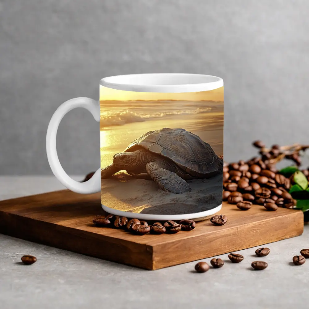 Sea Turtle Crawling on Sandy Beach Sunset – Mugs